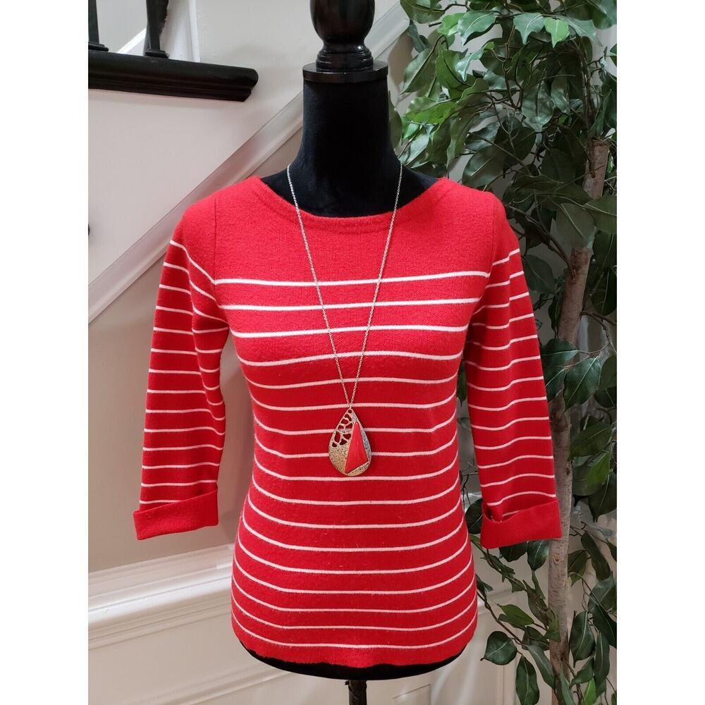 Tahari Women's Red & White Viscose Round Neck Long Sleeve Pullover Sweater XS